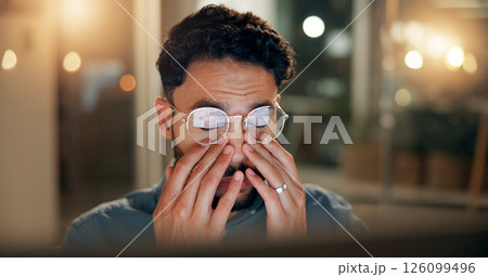 Businessman, stress and night with headache for overworked pressure, deadline or mistake at office. Frustrated man, fatigue employee or working late with glasses for eye strain, migraine or burnout 126099496
