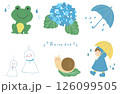 梅雨、6月の雨の日の色鉛筆風手書きイラスト素材セット 126099505