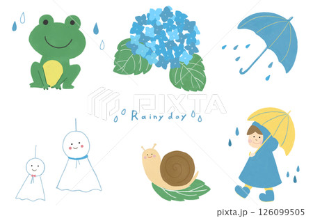 梅雨、6月の雨の日の色鉛筆風手書きイラスト素材セット 126099505