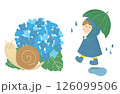 梅雨、6月の雨の日の傘をさす男の子と紫陽花とカタツムリの色鉛筆風手書きイラスト 126099506