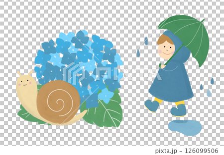 梅雨、6月の雨の日の傘をさす男の子と紫陽花とカタツムリの色鉛筆風手書きイラスト 126099506