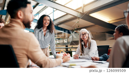 Brainstorming, speaker and woman in boardroom, laughing and brand specialist with ideas for project. Business, creative and people with strategy for target audience, trends and speech for workshop 126099509