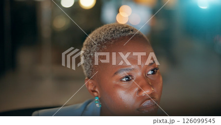 Business, black woman and thinking in office at night with publication deadline, story inspiration or article planning. Bokeh, journalist or overtime for creative process, source verification or blog 126099545