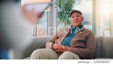 Medical checkup, nurse and senior man with consultation, post surgery and healthcare. Pensioner, elderly patient and professional with tablet, conversation and advice for treatment, diagnosis or talk 126099567