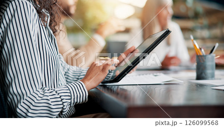 Business woman, hands and scroll on tablet in meeting for app development update, brand design research and notes. Web designer, people and digital technology at creative agency for campaign planning Business woman, hands and scroll on tablet in meeting for app development update, brand design research and notes. Web designer, people and digital technology at creative agency for campaign planning 126099568