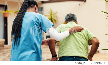 Back, outdoor and nurse with old man, help and mobility support with balance, physical therapy and trust. Home, pensioner or elderly person with caregiver, rehabilitation and retirement with recovery Back, outdoor and nurse with old man, help and mobility support with balance, physical therapy and trust. Home, pensioner or elderly person with caregiver, rehabilitation and retirement with recovery 126099634