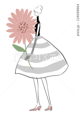 グレー　ストライプ　ドレス　ピンクの花　女性　挿絵 126099664