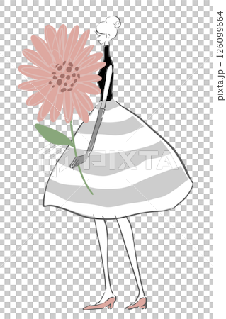 グレー　ストライプ　ドレス　ピンクの花　女性　挿絵 126099664