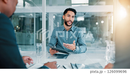Job interview, discussion and businessman with CV in office for recruitment, opportunity or onboarding. Meeting, human resources and candidate with hiring vacancy in workplace for career growth. Job interview, discussion and businessman with CV in office for recruitment, opportunity or onboarding. Meeting, human resources and candidate with hiring vacancy in workplace for career growth. 126099696