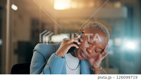 Phone call, business and black woman at night with stress for contact with issue, mistake and problem. Burnout, working late and tired person on smartphone for discussion, chat and communication Phone call, business and black woman at night with stress for contact with issue, mistake and problem. Burnout, working late and tired person on smartphone for discussion, chat and communication 126099719