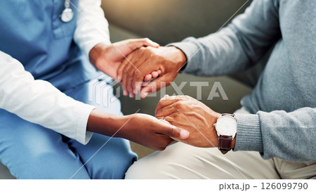 Holding hands, empathy and nurse with patient in home for comfort, kindness or consultation. Medical, care and caregiver with person for checkup with hope, trust and advice for diagnosis in house. 126099790