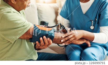 Nurse, hands and blood pressure for senior man on sofa with healthcare assessment for hypertension in lounge. Elderly person, caregiver and test for medical review, monitor or check on couch in house 126099791