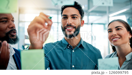 Writing, ideas and business people at glass wall with collaboration, sticky note or brainstorming in office. Teamwork, problem solving and planning at moodboard for growth, development and discussion 126099795