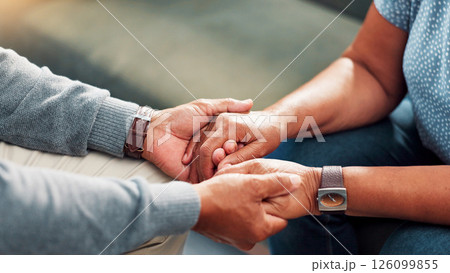 Comfort, empathy and holding hands with senior couple in home living room together for love or support. Compassion, sympathy and trust with old people closeup in apartment for connection or healing Comfort, empathy and holding hands with senior couple in home living room together for love or support. Compassion, sympathy and trust with old people closeup in apartment for connection or healing 126099855