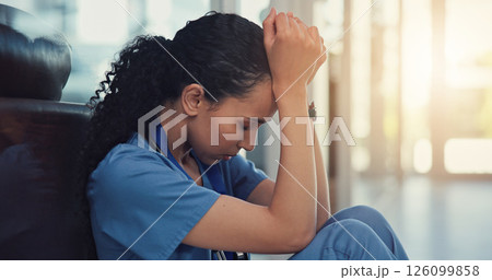 Nurse, stress and woman with grief, anxiety and patient loss or bad news and overwhelmed in clinic. Mental health, sad and surgeon student with panic attack, healthcare fail or medical burnout 126099858