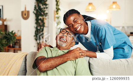 Hugging, happy and nurse with senior man for comfort, support or care for good news. Portrait, consultation and caregiver embracing elderly male patient on sofa in living room at nursing home. 126099935