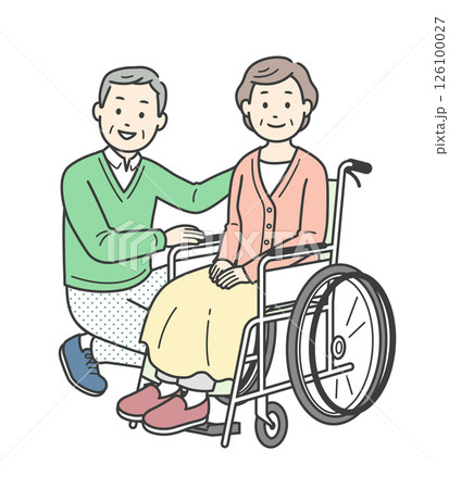 車椅子の高齢女性と介助をする高齢男性の夫婦のイラスト 126100027