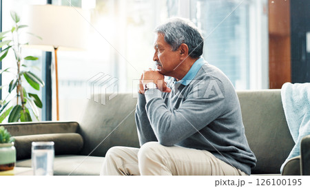 Old man, thinking or reflection on couch in house for nostalgia, past or history with lonely pensioner in retirement. Mistake, regret or memory with grief, loss or contemplating life in nursing home Old man, thinking or reflection on couch in house for nostalgia, past or history with lonely pensioner in retirement. Mistake, regret or memory with grief, loss or contemplating life in nursing home 126100195