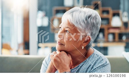 Elderly woman, thinking or reflection in home for past life, history and nostalgia with regret in retirement. Senior, lonely female person and remember with memory, perspective for grief and loss Elderly woman, thinking or reflection in home for past life, history and nostalgia with regret in retirement. Senior, lonely female person and remember with memory, perspective for grief and loss 126100198