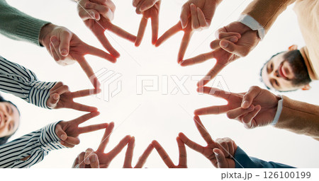 Star, hands and business people with teamwork, support or collaboration below. Community, group or workers with motivation for cooperation, synergy or closeup with peace sign for solidarity or trust Star, hands and business people with teamwork, support or collaboration below. Community, group or workers with motivation for cooperation, synergy or closeup with peace sign for solidarity or trust 126100199