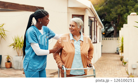 Nurse, senior woman and outdoor with walker, help and support for recovery with injury at retirement village. Caregiver, elderly patient or person with disability with steps, frame and rehabilitation 126100251