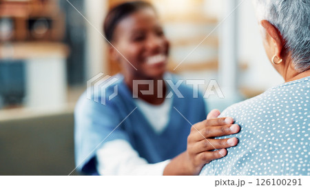 Senior woman, nurse and hand on shoulder for support, healthcare and medical wellness in home. Retirement, patient and comfort with caregiver in living room for help, kindness and empathy with trust Senior woman, nurse and hand on shoulder for support, healthcare and medical wellness in home. Retirement, patient and comfort with caregiver in living room for help, kindness and empathy with trust 126100291