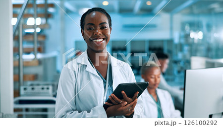 Science, confident or happy woman in lab with tablet, portrait or gene editing in medical experiment. Solution, biology innovation or proud scientist with health report, DNA test or research results 126100292