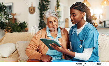 Nurse, senior woman and tablet on sofa with report for wellness, medical update and talk in lounge. People, caregiver and elderly patient on couch with digital touchscreen, app and healthcare results Nurse, senior woman and tablet on sofa with report for wellness, medical update and talk in lounge. People, caregiver and elderly patient on couch with digital touchscreen, app and healthcare results 126100337