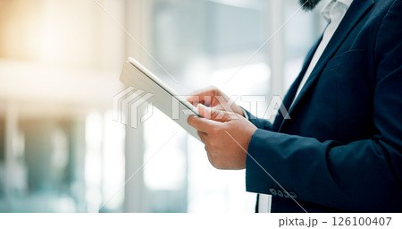 Office, person and hands with tablet for investment, corporate growth and financial advisor. Closeup, businessman and finance consultant with tech for risk management, research and performance report Office, person and hands with tablet for investment, corporate growth and financial advisor. Closeup, businessman and finance consultant with tech for risk management, research and performance report 126100407