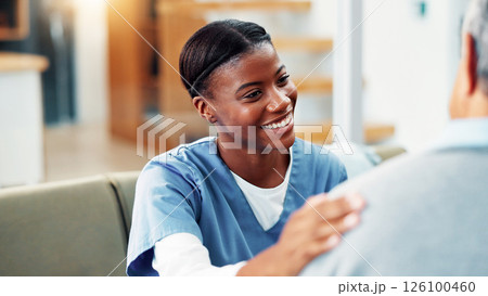 Happy woman, nurse and hand on shoulder for healthcare, medical support or good news for wellness in home. Retirement, caregiver and comfort senior patient in living room for help, kindness and trust Happy woman, nurse and hand on shoulder for healthcare, medical support or good news for wellness in home. Retirement, caregiver and comfort senior patient in living room for help, kindness and trust 126100460