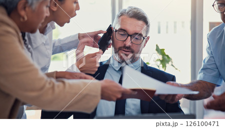 Business people, workflow crisis and man in office, chaos and burnout with deadline, stress and anxiety. Overwhelmed, time management and employees with busy schedule, frustrated and mental health 126100471