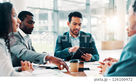 Business, people or meeting with tablet for planning, campaign management or project feedback in office. Company team, man leader or paperwork at tech for brainstorming, finance review or information Business, people or meeting with tablet for planning, campaign management or project feedback in office. Company team, man leader or paperwork at tech for brainstorming, finance review or information 126100472