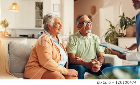 Nurse, senior couple and tablet on couch for report with medical results, feedback and happy for good news. Caregiver, elderly man and woman with digital touchscreen, app or consultation in home Nurse, senior couple and tablet on couch for report with medical results, feedback and happy for good news. Caregiver, elderly man and woman with digital touchscreen, app or consultation in home 126100474