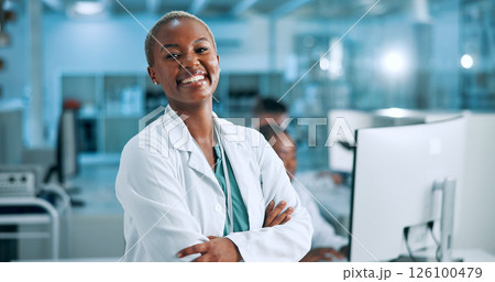 Laboratory, woman and portrait with smile for arms crossed, medical research and about us with pride. Healthcare, female person and scientist with confidence for science or pharmaceutical development Laboratory, woman and portrait with smile for arms crossed, medical research and about us with pride. Healthcare, female person and scientist with confidence for science or pharmaceutical development 126100479