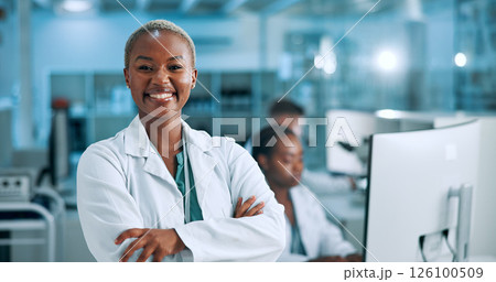 Laboratory, woman and portrait with about us for arms crossed, medical research and smile with pride. Healthcare, female person and scientist with confidence for science or pharmaceutical development 126100509