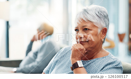 Annoyed, angry and ignore with senior woman on sofa in living room of home for conflict or fighting. Frustrated, problem and toxic with old couple in apartment for marriage or relationship argument Annoyed, angry and ignore with senior woman on sofa in living room of home for conflict or fighting. Frustrated, problem and toxic with old couple in apartment for marriage or relationship argument 126100517