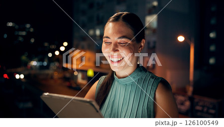 Tablet, rooftop and businesswoman in city at night with email contact for finance report. Laugh, digital technology and financial analyst with online stock market investment for deadline in town. 126100549