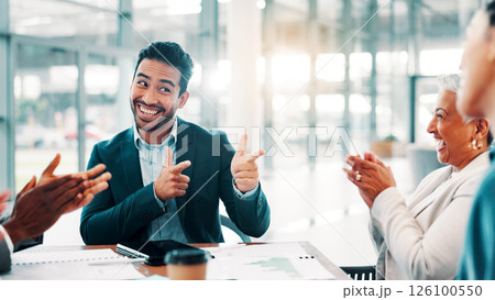 Finger guns, success and businessman with meeting, applause and achievement celebration in office. People, collaboration and clapping hands for good news, partnership and feedback for winner goals Finger guns, success and businessman with meeting, applause and achievement celebration in office. People, collaboration and clapping hands for good news, partnership and feedback for winner goals 126100550