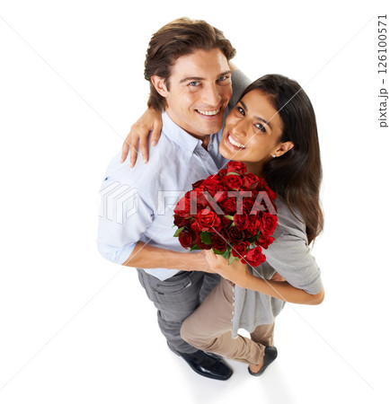 Top view, portrait and couple with a bouquet of roses, happiness and isolated on white studio background. Mockup, happy man and woman with flowers, floral gift and love for romance, loving or bonding 126100571