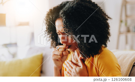Home, sick and woman with chest pain, cough and virus with asthma, allergy and influenza in lounge. Apartment, illness and person on couch, viral infection and disease with sinus, covid and fever 126100608