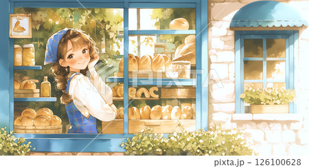パン屋を営む女の子。女性。水彩画。イラスト。 パン屋を営む女の子。女性。水彩画。イラスト。 126100628