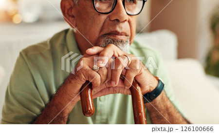 Hands, sad old man and thinking with cane in home for retirement worry, regret decision and nostalgic memory. Lonely, mental health and elderly person with depression for alzheimer, grief and loss 126100666