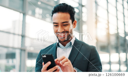 Lobby, happy and business man with phone in office for communication, connection and social media. Professional, corporate and person on smartphone for contact, online website and B2B networking Lobby, happy and business man with phone in office for communication, connection and social media. Professional, corporate and person on smartphone for contact, online website and B2B networking 126100669