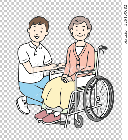Illustration of an elderly woman in a wheelchair and a male caregiver assisting her Illustration of an elderly woman in a wheelchair and a male caregiver assisting her 126100682