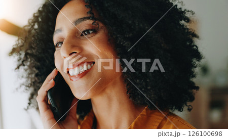 Woman, smile and phone call in home for contact, communication and connection for gossip. Girl, thinking and tech in living room for social network, friendly conversation and relax in apartment 126100698