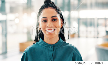 Portrait, business and woman with smile in office for bookkeeping, about us and accountant. Happy, female person and company consultant with financial experience, career ambition and asset management 126100710