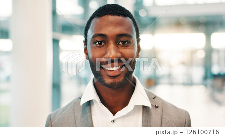 Portrait, business and black man with smile in office for bookkeeping, about us and accountant. Happy, person and company consultant with financial experience, career ambition and asset management 126100716