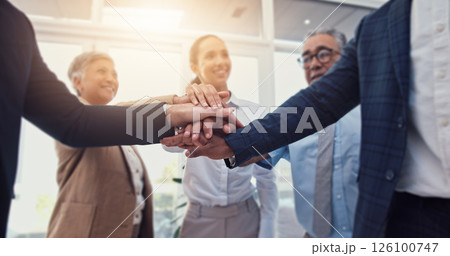 Business people, hands together and teamwork, support or collaboration with company goals, success or mission. Employees, professional group and circle with stack for job, target and staff synergy Business people, hands together and teamwork, support or collaboration with company goals, success or mission. Employees, professional group and circle with stack for job, target and staff synergy 126100747