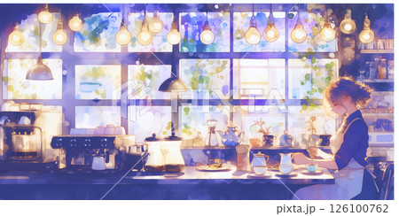 カフェを営む女の子。水彩画。イラスト。女性。 126100762
