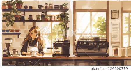 カフェを営む女の子。水彩画。イラスト。女性。 126100779